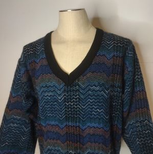 Vintage 80s Leroy Deep V Neck Sweater Zig Zag Stri